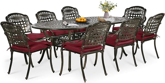 9-Piece Patio Dining Set, Outdoor Patio Table and Chair Set of 84” Oval Cast Aluminum Dining Table with Umbrella Hole and 8 Outdoor Dining Cushion Chairs, Patio Funiture Set for Garden, Red