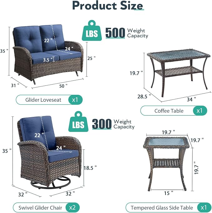 5 Piece Patio Furniture Set - Wicker Patio Conversation Set with Swivel Glider, Glider Loveseat, Tempered Glass Side Table and Coffee Table for Deck Backyard - Brown Wicker Blue Cushion