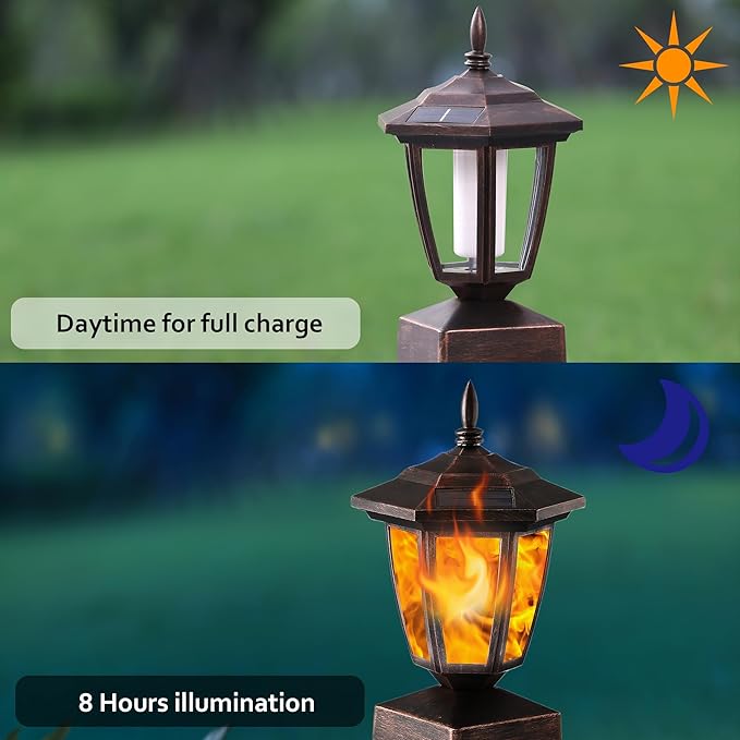 Dynaming 4 Pack Solar Flame Post Lights Outdoor, Solar Powered Lamps Fence Post Cap Lights, Flickering Flame LED Lantern Waterproof for Garden Deck Patio, Fit 4x4, 5x5 or 6x6 Wooden Posts, Bronze