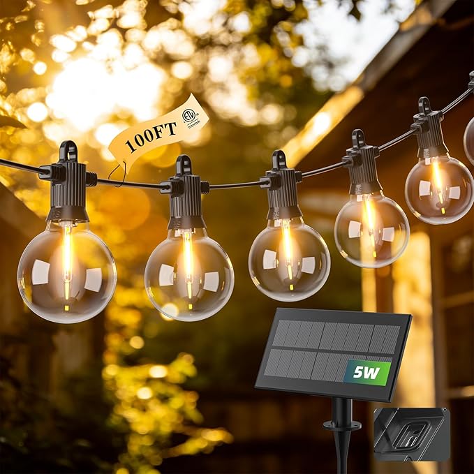 100FT Solar String Lights Outdoor Waterproof IP65 with USB-Charging , Solar Powered LED Patio Lights with 50+2 Shatterproof G40 Globe Bulbs, Hanging Lights for Outside Backyard Garden Bistro Gazebo