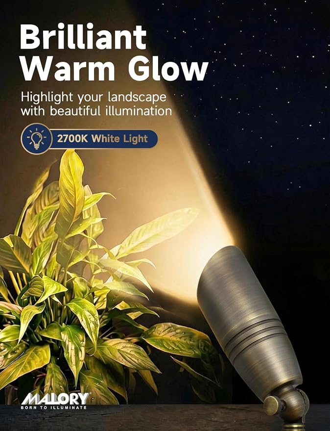 MALORY Brass Landscape Spotlights 12-Pack with Bulb Kit(S02), Low Voltage 12V AC/DC LED Outdoor Spot Uplights for House and Tree,PVC Ground Stake and Wire Connector Included, 5W 2700K Warm White