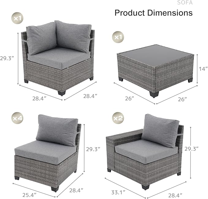 SUNSITT 6-Piece Patio Furniture Set, Outdoor Wicker Modular Sectional Sofa with 7.7-inch Wide Armrests & Thick Comfy Cushions, Glass Top Coffee Table, Rattan Conversation Set, Grey Color