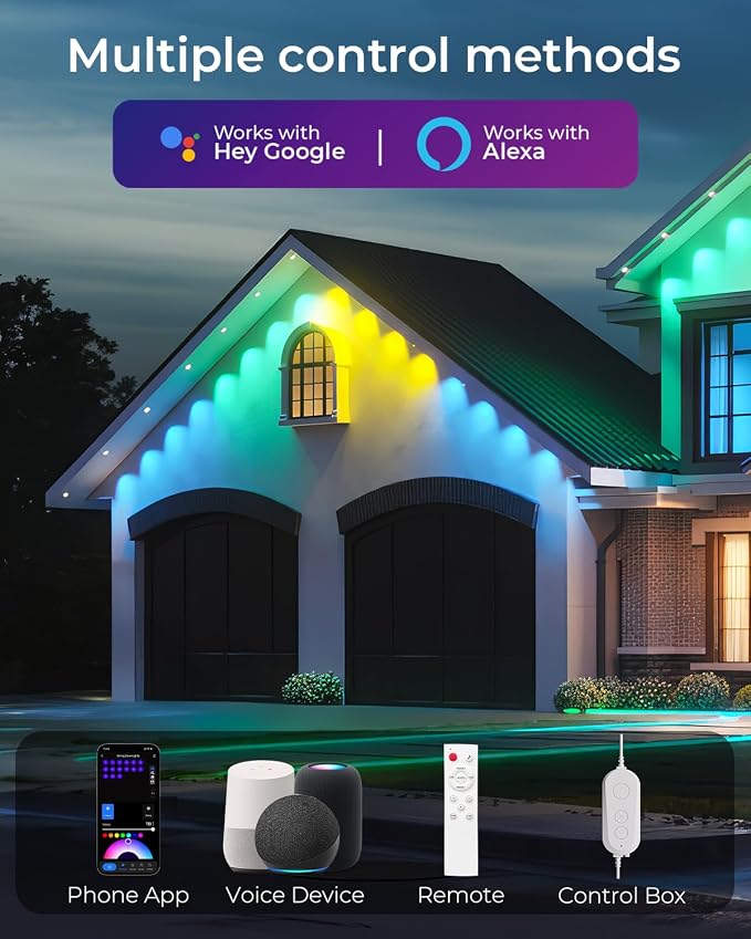 CINOTON Permanent Outdoor Lights 200ft, Smart RGBW+IC Eaves Lights with 120LEDs, IP67 Waterproof, 111 Scene Modes for Daily and Festival, Halloween Christmas Holiday Decor, APP/Voice/Remote Control