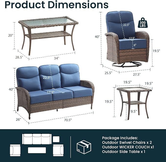 Luxury 6-Inch Cushion Patio Furniture Set, High Back Outdoor Swivel Rocker Patio Chairs with Outdoor Couch, Outdoor Wicker Conversation for Deck Porch Garden Balcony Poolside Blue Cushion