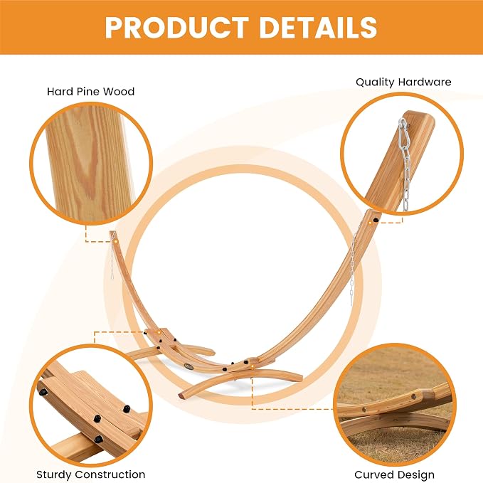 Lazy Daze Hammocks 12 FT Double Quilted Fabric Hammock and 13 FT Natural Wood Arc Stand, with Spreader Bar, Removable Pillow, 2 Person Hammock for Poolside Outdoor Patio, 450 lbs Capacity, Natural