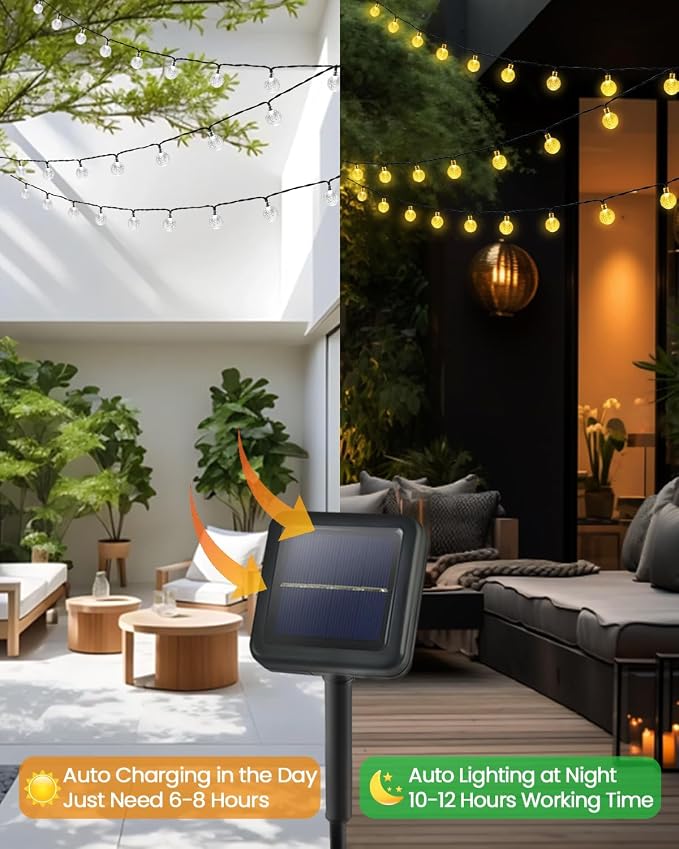 LORRYTE Solar String Lights Outdoor 32FT 50 LED Patio Lights, Warm White | Crystal Globe, IP65 Waterproof, Auto On/Off, 8 Modes Solar Powered Light for Outside Garden Yard Wedding Porch Party Decor