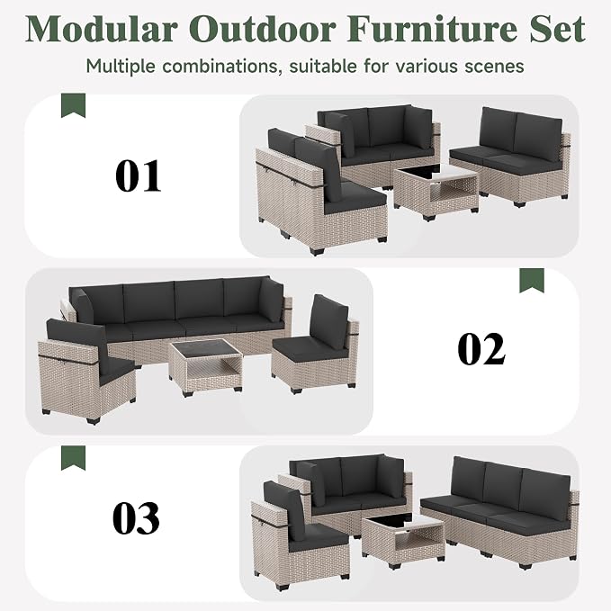 11 Pieces Patio Furniture Set with Fire Pit Table, Outdoor Sectional Wicker Sofa with Thick Cushions, High Back Swivel Rocker Patio Chairs, Rattan Conversation Set with Coffee Table, Black