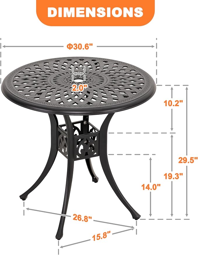 NUU GARDEN 30 Inch Patio Dining Table, Cast Aluminum Round Outdoor Table with Umbrella Hole for Patio, Backyard, Deck Black