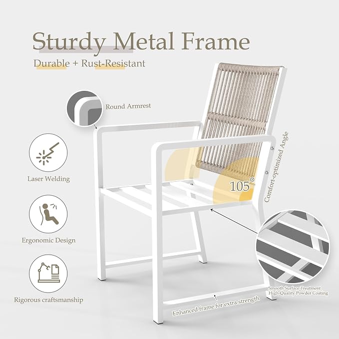 3 Pieces Metal Outdoor Dinning Set Featuring 1 Table and 2 Ratten Chairs Waterproof and Rust-Proof Courtyard Style Table Garden Balcony Poolside, White 3 Pcs