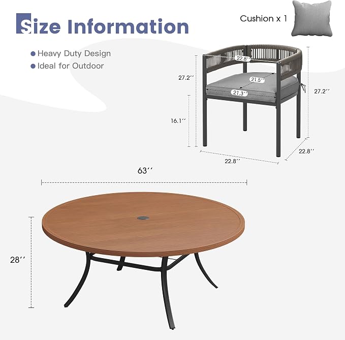 VICLLAX Patio Dining Set, 63" Walnut Table & 6 Chairs with Grey Cushion | Outdoor Table and Chairs Set of Round Metal Patio Table, Outdoor Dining Chairs with Metal Frame, Garden Deck Porch
