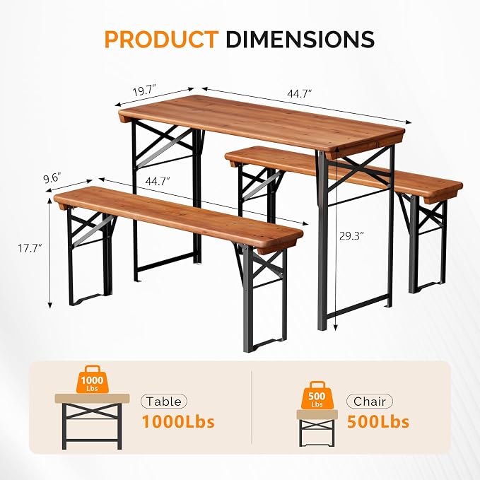 VINGLI 45 Inch Folding Picnic Tables with Benches Set, Weather-Resistant Wooden Beer Garden Table Bench, 3-Piece Portable Fold Up Camping BBQ Table,Walnut Color