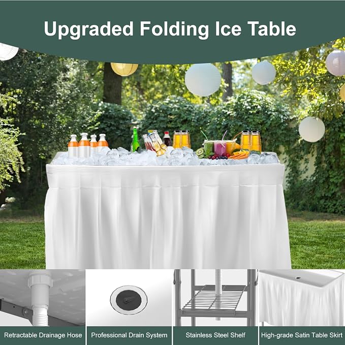 4 Foot Ice Cooler Folding Table, Party Ice Tables with Drain and Detachable White Skirt, Large Plastic Cooler Table to Keep Drinks Cool for Weddings, Outdoor, Picnics, Pool, Camping, BBQ, White