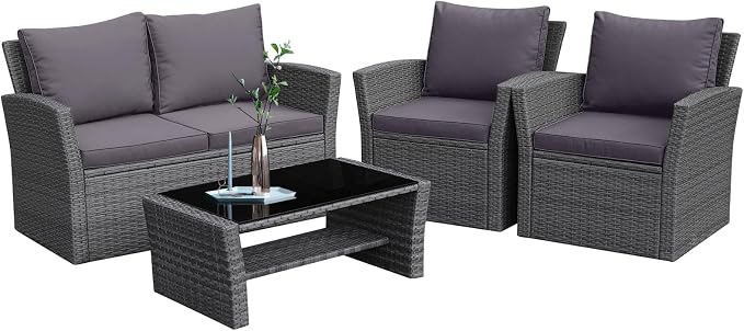 RELAX4LIFE 4 PCS Wicker Patio Furniture Set with Soft Cushions & Tempered Glass Table Outdoor Rattan Sofa Set for Backyard Garden Balcony Poolside Sectional Conversation Couch Set (Gray)