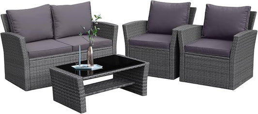 RELAX4LIFE 4 PCS Wicker Patio Furniture Set with Soft Cushions & Tempered Glass Table Outdoor Rattan Sofa Set for Backyard Garden Balcony Poolside Sectional Conversation Couch Set (Gray)