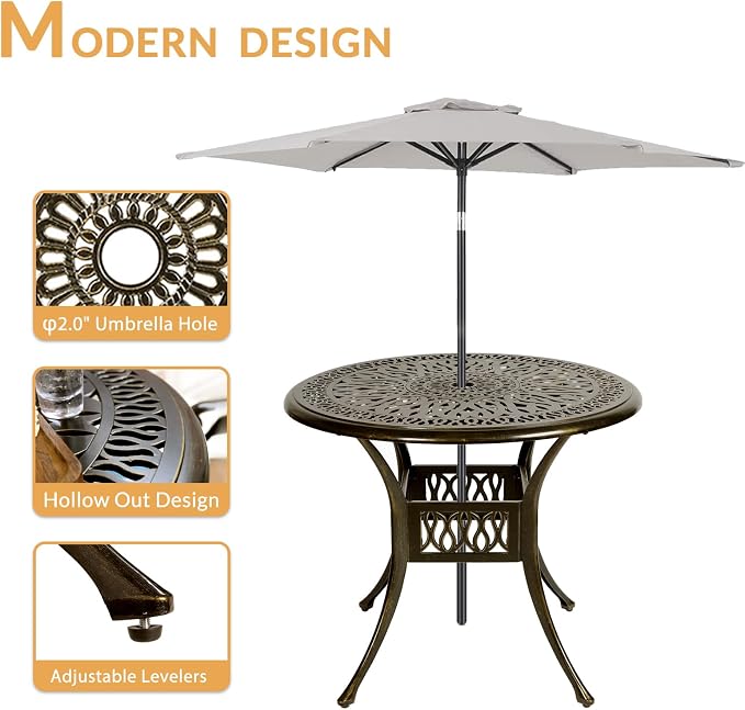 5-Piece Outdoor Patio Dining Set, All-Weather Cast Aluminum Patio Furniture Table and Chairs Set with 2" Umbrella Hole, 35.4" Round Table and 4 Chairs for Backyard Garden Deck