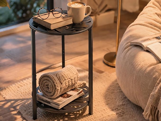 2-Tier Metal Round Side Table Black Accent Coffee Tables Small Space Corner Plant Stand Shelf for Indoor Outdoor Use Patio Balcony End Table Laser-Cut Monstera Leaf Weather-Resistant