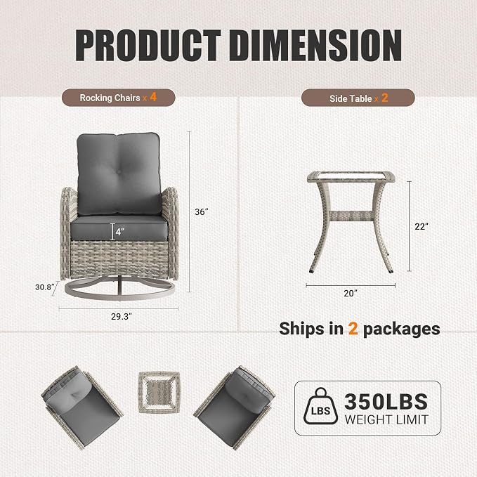 6-Piece Patio Rocking Swivel Chair Outdoor Wicker Rattan Bistro Set High Backrest, Patio Conversation Set Outdoor Patio Furniture Set for Garden, Deck, and Balcony, Grey