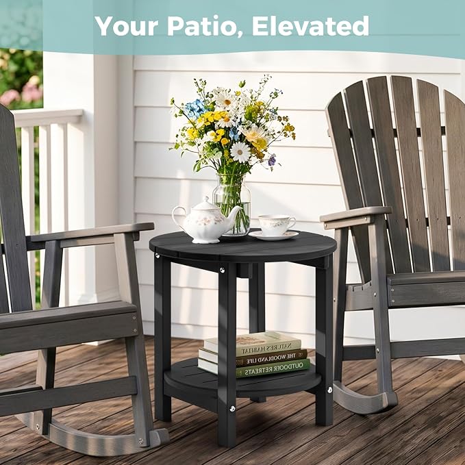 Outdoor Side Table, Adirondack Round 2-Tier Patio Table, Easy Maintenance & Weather Resistant, HDPE End Table for Backyard, Pool, Patio, Porch, Black