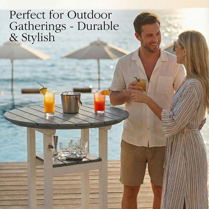 OTSUN Outdoor Bar Table, 32“ Diameter Round Side Table, All Weather Counter Height Table with Built-in Footrest for Backyard, Garden, Indoor Outdoor Companion (White&Grey)