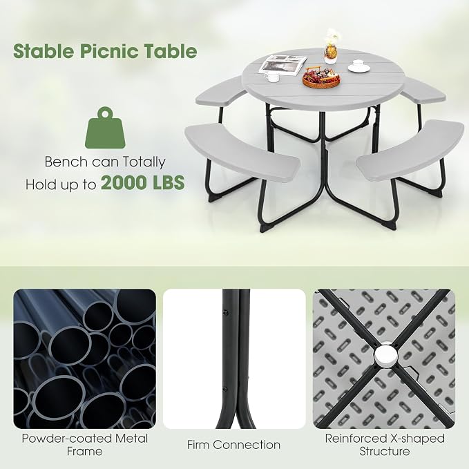 Giantex Picnic Table Set for Up to 8 Persons, Round Outdoor Table and Bench Set with Umbrella Hole, HDPE Top & Metal Frame, 2000LBS Capacity, Patio Table Bench for Deck Backyard Garden (Gray)