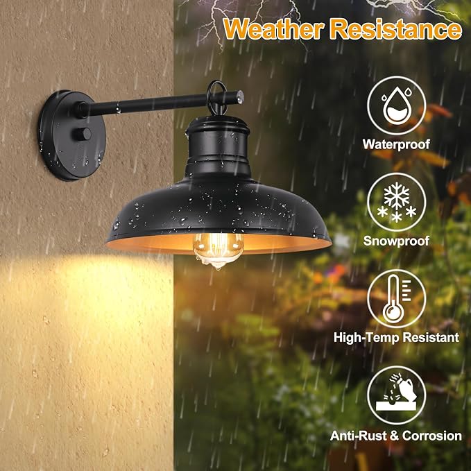 Outdoor Wall Lights, Black and Gold Indoor Outdoor Barn Lights | E26 Socket, Anti-Rust Waterproof Exterior Lighting Fixtures for House Patio Porch Doorway(2 Pack)