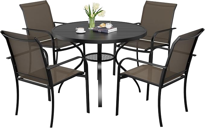 SUNCROWN 5 - Piece Outdoor Dining Set, Patio Furniture Set with 4 x Textilene Dinning Chairs and 41" Metal Round Table with Umbrella Hole for Lawn Garden Backyard Deck, Brown