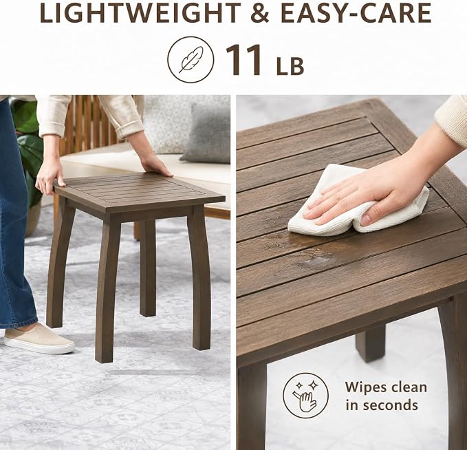 Selma Acacia Wood Outdoor Side Table, Weather Resistant Slatted Design Patio Coffee End Table, Decorative Decorated Accent Table for Balcony Beach Poolside, Natural Stained (Grey + Acacia Wood)