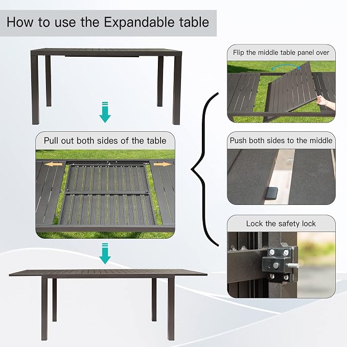 Domi Expandable Outdoor Dining Table for 6-8, Aluminum Patio Dining Table 59'' -89'', Rectangular Extendable Dining Table for Garden, Backyard, Porch