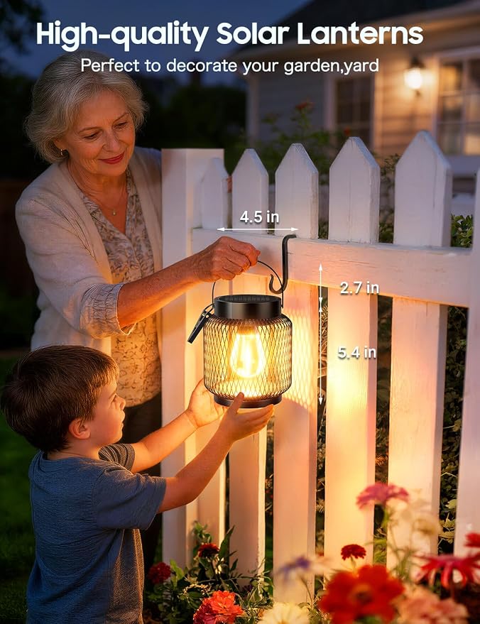 KOOPER Metal Solar Lanterns Outdoor Waterproof, 2 Pack Brighter Hanging Solar Lights for Outside, Up to 15 Hours Modern Hanging Solar Powered Lanterns Lights for Yard Patio Path Tree Garden Decorative
