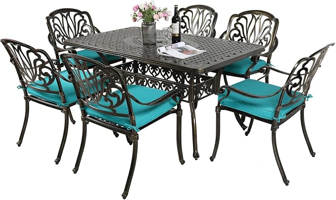 MEETWARM 7-Piece Outdoor Patio Dining Set, 6 Outdoor Dining Cushioned Chairs and 1 Rectangle Table with 2" Umbrella Hole, All Weather Cast Aluminum Patio Funiture Set for Backyard, Ocean Blue