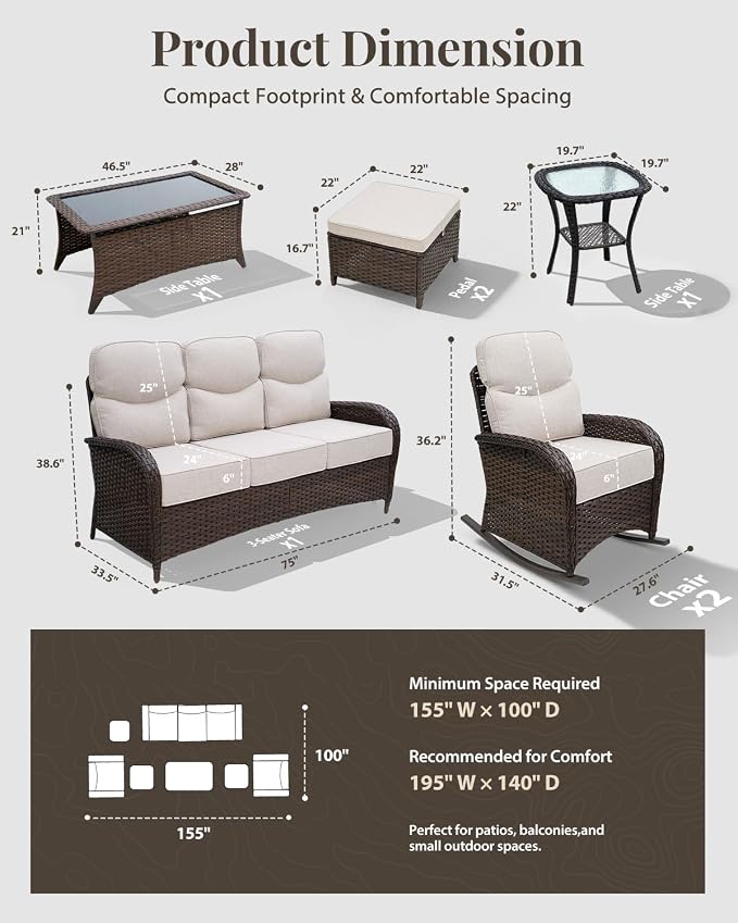 Luxury Patio Furniture Set with 6" Thick Cushions, High Back Outdoor Rocking Chairs, Ottomans and 3-seat Couch, 7 Pieces All Weather Conversation Set for Porch Deck Poolside Yard (Beige)