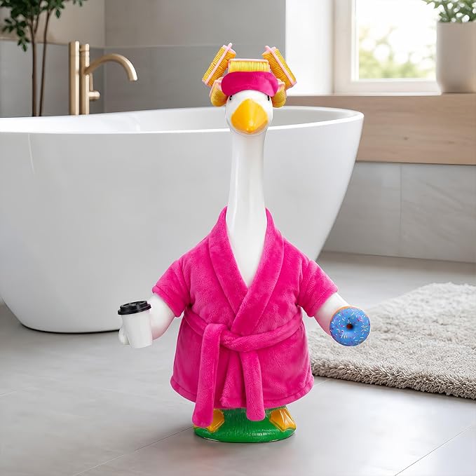 Lady Porch Goose Outfits, Spring Summer Porch Goose Clothes for 23 inch Goose Statue, Bathrobe Goose Costume with Curlers, Sleep Mask, Coffee, Donut for Lawn, Yard, Garden, Outdoor Patio, Home Decor