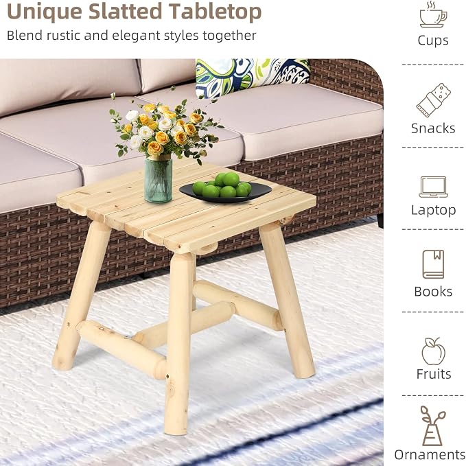Outdoor Adirondack Log Side Table, 19.5" Thick Wooden Patio Square End Table with Slatted Tabletop, Solid Wood Rustic Accent Table for Indoor & Garden Deck Porch Balcony Backyard, Natural