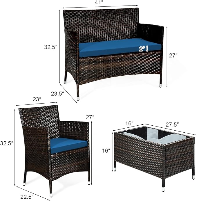 8 Pieces Patio Sofa Set, Wicker Conversation Set with Ergonomic Curved Backrest, Water-Resistant Cushion & Tempered Glass Table for Balcony, Porch (Peacock Blue)