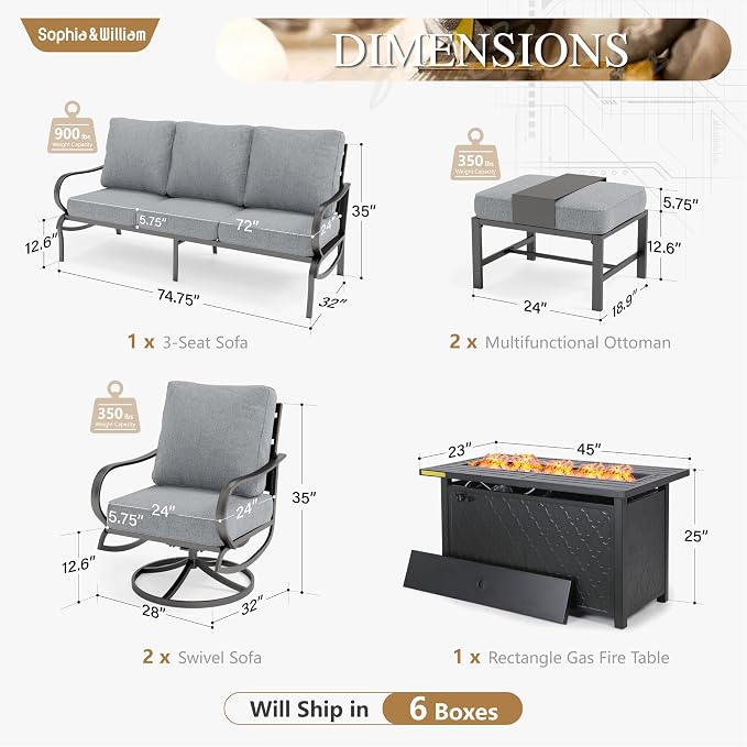 Sophia & William Patio Furniture Sets with 45" Gas Fire Pit Table for 7 Outdoor Conversation Sets 6 Pcs, 2 x Swivel Cushioned Sofa Chairs, 1x3-Seat Sofa, 2xOttomans for Backyard Poolside Grey