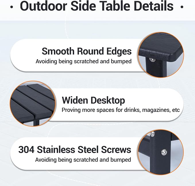 Outdoor Side Table Set of 3, HDPE Small Outdoor Table, Adirondack Side Table, Outside End Table for Patio, Porch, Deck, Pool, Indoor or Outside Use, Black