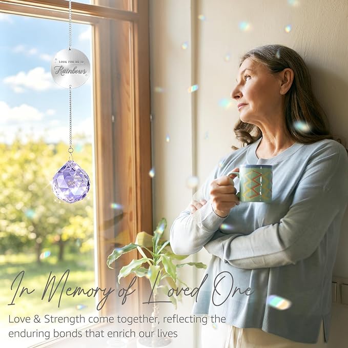 Mooncraftlogy Memorial Gift for Loss of Loved One, Light Crystal Suncatcher | Unique Sympathy Idea, Purple Memory Prism Crystal Ball, Grief Rainbow Sun Catcher, Bereavement Box for Mom Dad Son Daughter