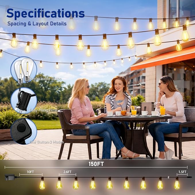 150FT Outdoor String Lights with Remote & Dimmable, 55+2 Shatterproof Waterproof Bulbs, Dimmable Outside Hanging Patio Lights for Backyard, Porch, Deck, Garden 2200K Warm White