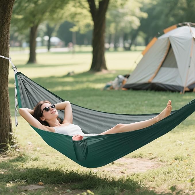 Hunter Green Solid Color Camping Hammock, Portable Lightweight Single Hammock with Tree Straps and Aluminum Carabiners, 114" x 54" Travel Hammock for Hiking Backpacking Beach