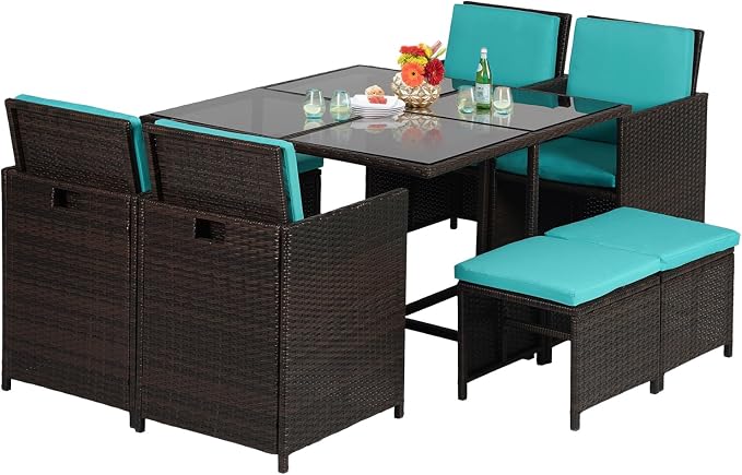 Patio Table and Chairs Set Outdoor Patio Furniture Set Patio Dining Sets 9 Pieces Space Saving Outdoor Dining Set with 4 Chairs 4 Ottomans Glass Table for Outdoor Backyard Porch Poolside Balcony,Blue