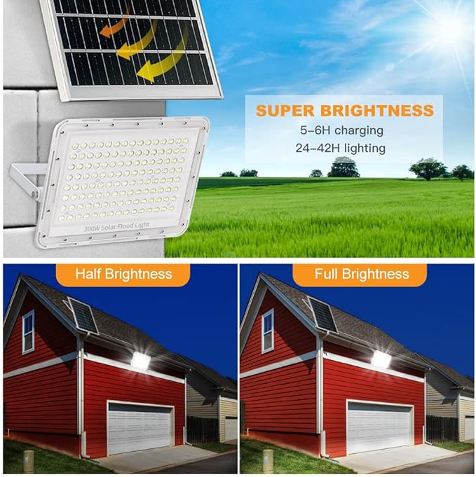 300W LED Solar Flood Lights,24000Lumens Street Flood Light Outdoor IP67 Waterproof with Remote Control Security Lighting for Yard, Garden, Gutter, Swimming Pool, Pathway, Basketball Court, Arena