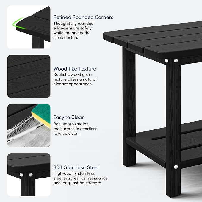 nevilywood HDPE Adirondack 2-Tier End Table Wood Texture- Weatherproof Outdoor Side Tables - Sturdy HDPE Material - Poolside, Patio,Lawn or Indoor & Black