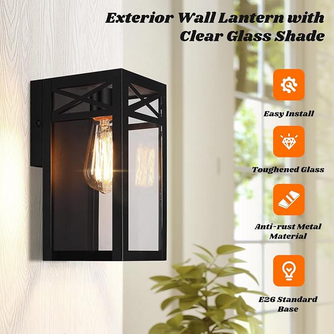 Outdoor Wall Light Fixtures, Black Exterior Waterproof Lanterns, 2-Pack | Porch Light with Glass Shade, Sconces Wall Mount Lighting with E26 Socket, Anti-Rust Wall Lamps for Patio Front Door Entryway