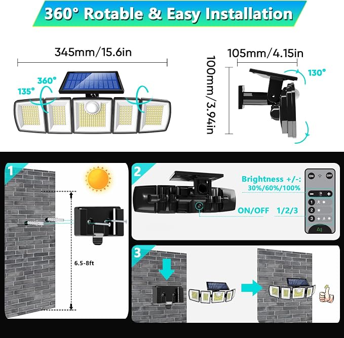 MDCMDCM Solar Lights Outdoor Waterproof Motion Sensor - 416 LEDs 3000 Lumens Super Bright 3 Brightness 3 Modes 360° Illumination 32ft Solar Flood Security Light for Outside (‎with Remote Control, 3)