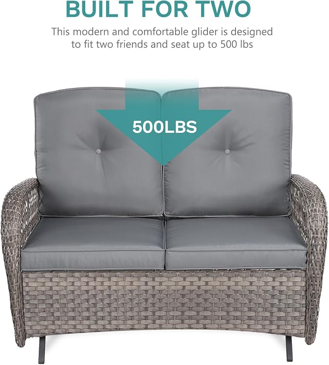 MEETWARM 5-Piece Outdoor Patio Set - Conversation Set with Glider Loveseat, 2 Armchairs & Glass-Top Coffee Table, Thickened Cushions, Gray