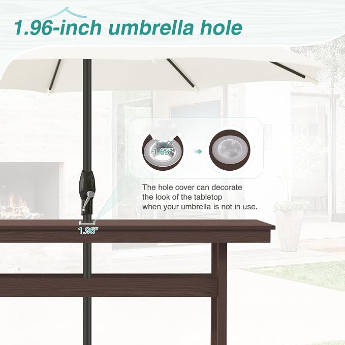 7 Piece Patio Dining Set, 66" Rectangle HDPS Weather Resistant Outdoor Table & 6 Patio Chairs Set with 1.96" Umbrella Hole, Heavy Duty Chairs for Backyard Deck, Dark Brown
