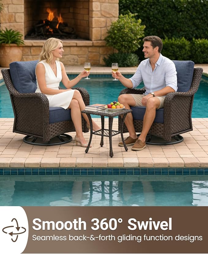 9 Pieces Outdoor Furniture Set with 6-inch Cushions, High Back Wicker Swivel Rocker Chairs with Coffee Table, Luxury Conversation Set for Deck Patio and Poolside