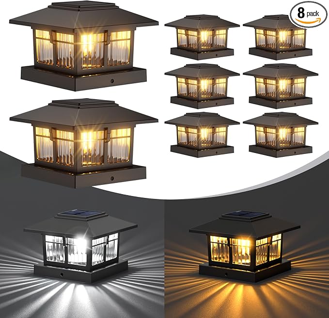 4x4 Solar Post Cap Lights, Classic Black, 8 Pack, Warm & Cool White | Fits 4x4 Wooden and Vinyl Posts,Fence Deck Post Lights,Edison-style bulb