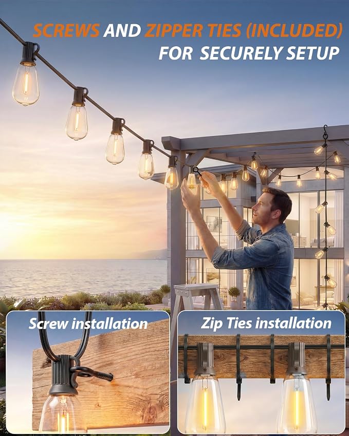 Outdoor String Lights 52FT, 32+2 Shatterproof Bulbs ST38, 1.5FT Spacing, IP65 Waterproof | Dimmable with Remote, Heavy-Duty, Include Screw & Zip Ties for Patio Backyard Holiday Outside