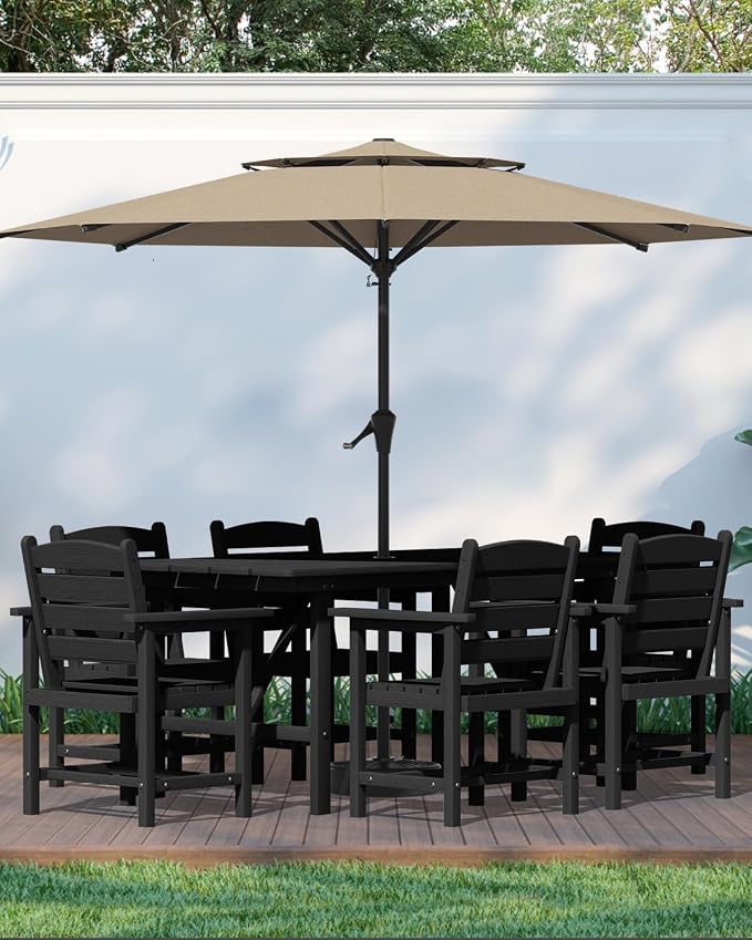 PLUUV Outdoor Patio Dining Set for 6, 66" HDPE Table with Umbrella Hole Cut-Out & 6 Chairs, Wood-Like Texture, All-Weather Furniture for Backyard, Garden, Porch, Black